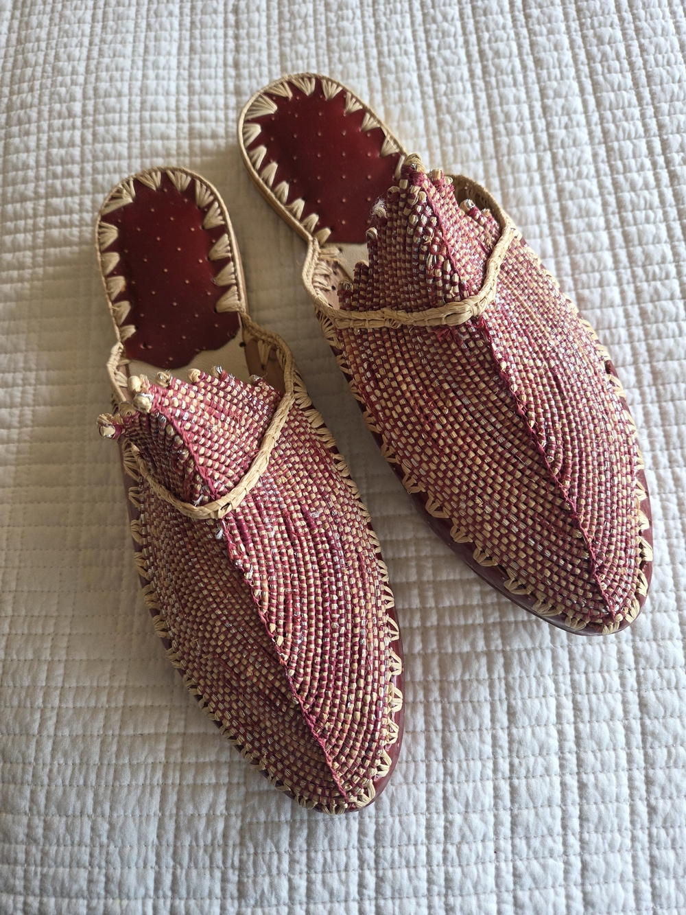 Woven Red Rattan Slip-On Mules